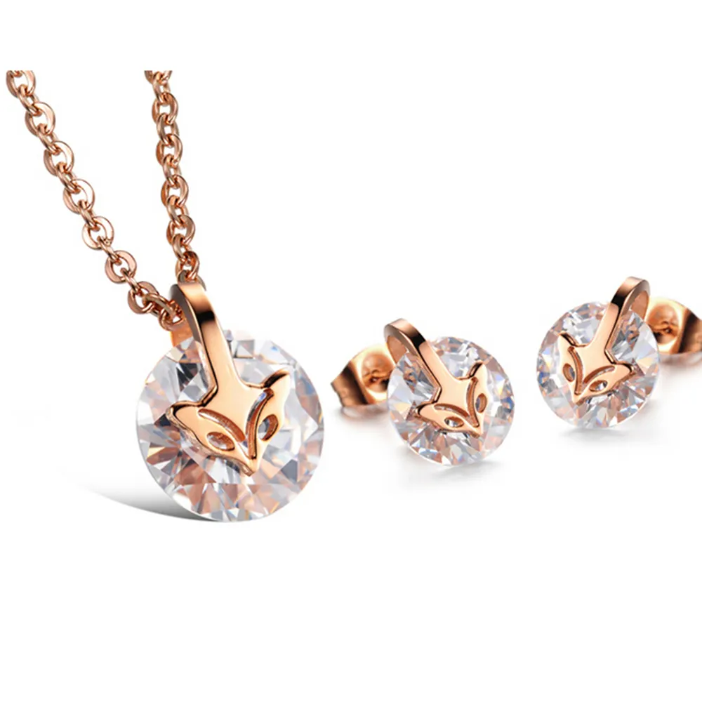 Cheap Rose Gold Plated Stainless Steel Fox Head Zircon Jewelry Set
