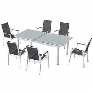Moderno lusso nero 9 pezzi Patio ristorante Set mobili <span class=keywords><strong>giardino</strong></span> esterno portico <span class=keywords><strong>tavolo</strong></span> in <span class=keywords><strong>alluminio</strong></span> e sedie 8 posti
