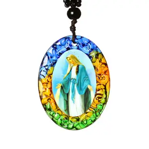 Collier pendentif avec croix, bijoux religieux, en verre de Murano, personnalisé, avec vierge marie, imperméable