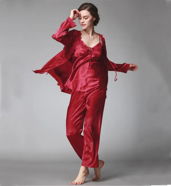 Set Gaun Tidur Sutra Wanita, 3 Potong Baju Tidur Pakaian Rumah untuk Wanita