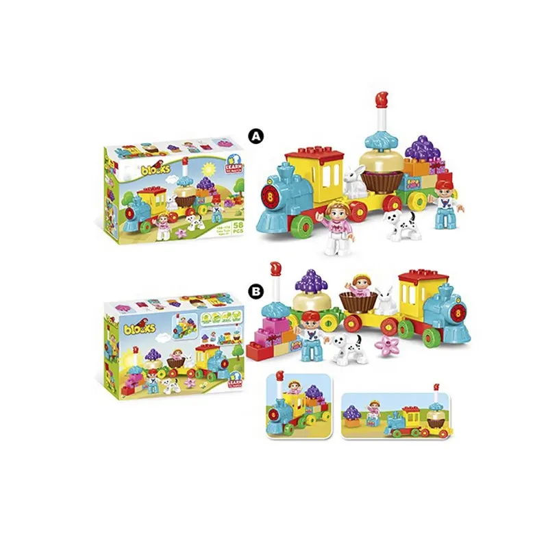 58PCS DIY Educational Blocks Birthday Cake Train Sets Plastic Toys Building Blocks For Boys&Girls
