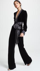 Tuta da donna con scollo a V a manica lunga <span class=keywords><strong>in</strong></span> <span class=keywords><strong>velluto</strong></span> nero con fasciatura <span class=keywords><strong>in</strong></span> raso tuta elegante da donna - Product Image 2
