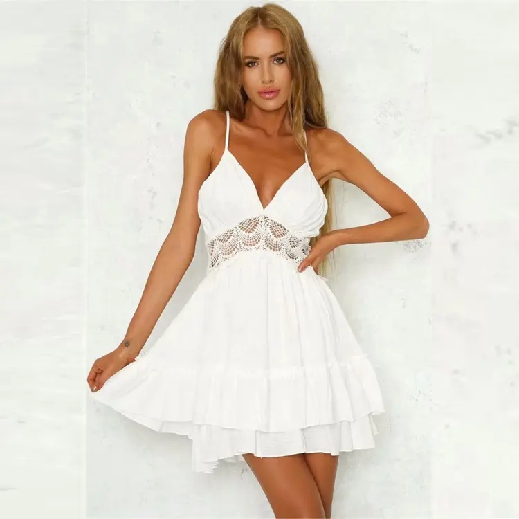 2019 Summer Beach Bohemian Fit and Flare White Short Lace Tiered Dress for Women