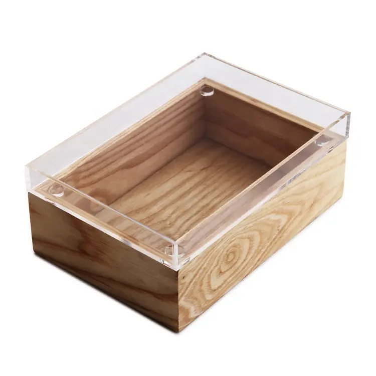 Caja de almacenamiento de madera de 2 capas de tamaño pequeño con bandeja de acrílico, forma perfecta para mantener tus cosas organizados