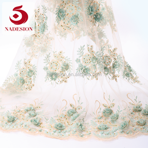 100% poliéster 3D hermoso bordado encaje/3 D <span class=keywords><strong>flor</strong></span> Malla tela neta del cordón del melocotón pálido color - Product Image 6