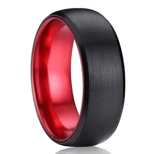Cincin Pernikahan karbida Tungsten hitam dan merah pria, cincin pertunangan Interior aluminium Anodized nyaman 8mm
