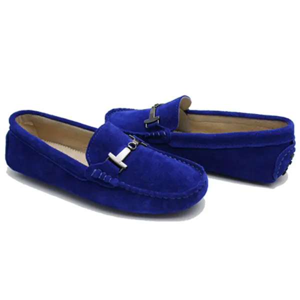 Elegante mocasines planos de cuero de vaca azul real para mujer, mocasines informales