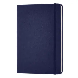 Cheap Wholesale A5 Premium PU Leather Navy Hardcover Lined Journal With Ribbon Bookmark,Elastic Strap And Expandable Pocket