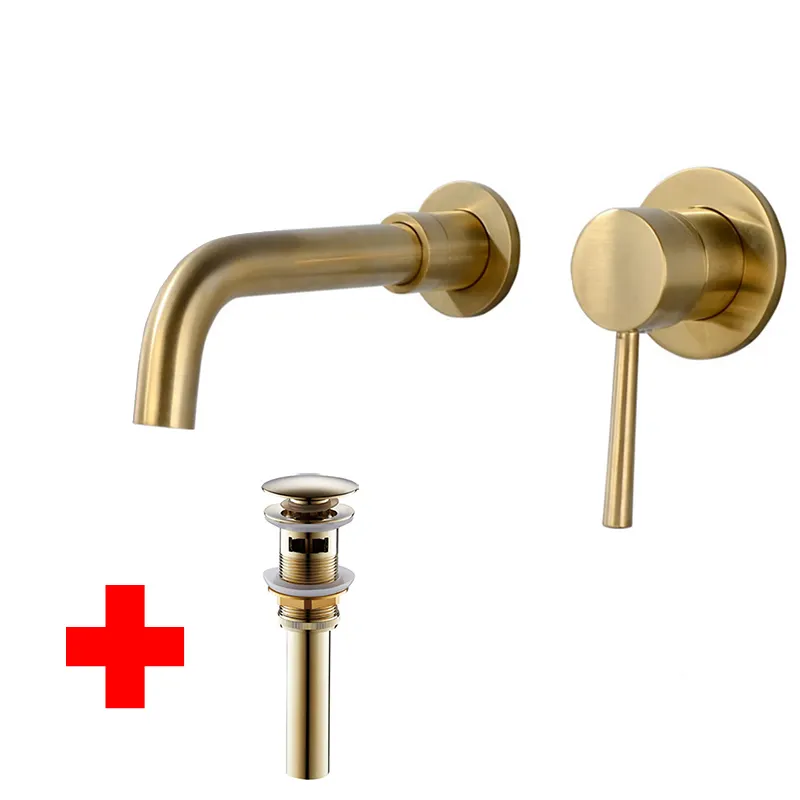 Wall mounted Sink Tap faucet Brushed gold basin mixer faucet with drain