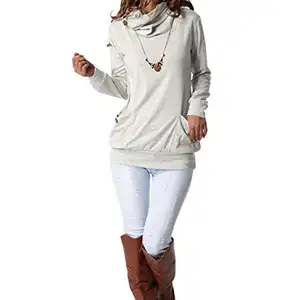 लंबी आस्तीन बटन Cowl गर्दन आकस्मिक स्लिम अंगरखा जेब के साथ गर्म बिक्री उच्च गुणवत्ता Sweey में सबसे ऊपर महिला Hoody