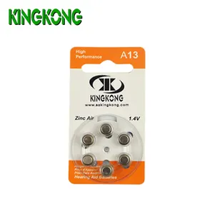 Kingkong品牌1.4v助听器电池A13 PR48，用于助听器，每个吸塑卡包装6个，零售