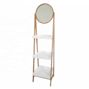 Estante de Almacenamiento de Bambú para Baño, Diseño de Escalera, Esquinero, de 3 Niveles, con Espejo - Product Image 1