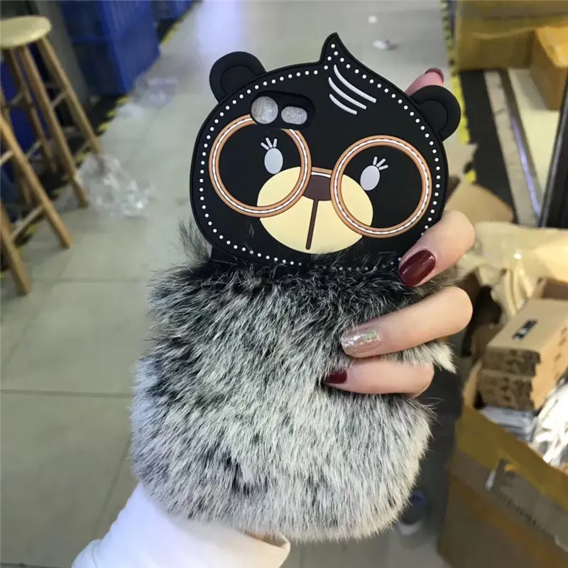 Fashional cute glasses bear furry mobile phone case for iphone X