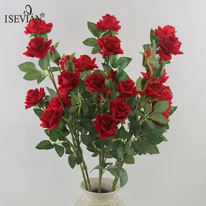 ISEVIAN बड़ा लाल मखमल गुलाब और 5 सिर मखमल फूल गुलाब शादी के लिए और कृत्रिम फूल घर सजावट के लिए