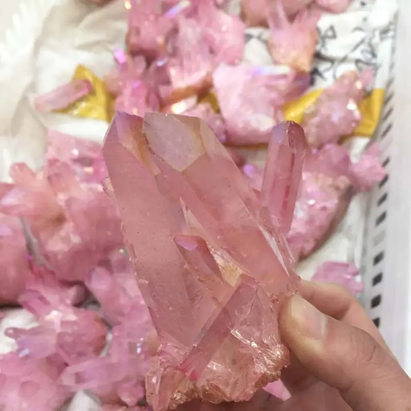 Natural electroplating pink angel aura quartz healing crystal cluster