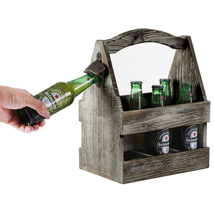 Rustic wooden 6 Beer Bottle Crate Box with Dividers and Metal Bottle Opener