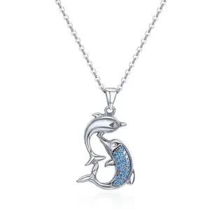 BAGREER SCN168 Fashion leuke twee dolfijn met blue diamond cz zirkoon hanger 925 zilveren ketting vrouwen tennis ketting