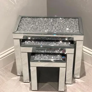 Moderne Sparkle Diamond Verpletteren Nest van 3 Mirrored Bijzettafels