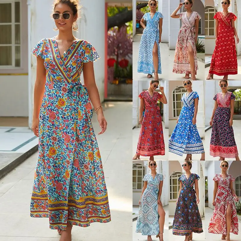 Good Price Women Boho Chic Maxi Dresses Summer Holiday Printed Long Dress