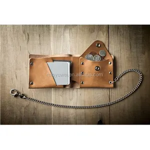 slim tan leather bifold chain coin wallet