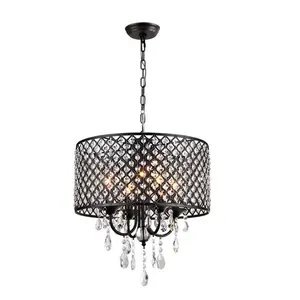 Americano Antique Preto 4-Rodada luz Pingente de Lustre de Cristal Luminária de Teto