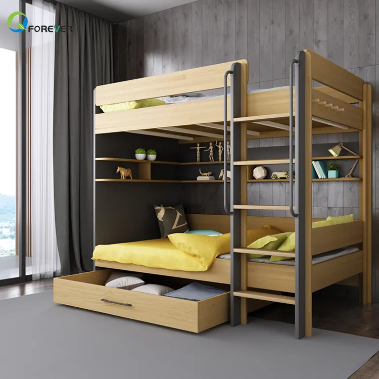 Nórdica moderna de madera maciza dormitorio camas conjuntos con cajones y escaleras estante gris oscuro Color camas