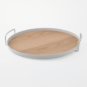 Plateau en métal noir de forme ronde avec base en placage de MDF-Petit - Product Image 2