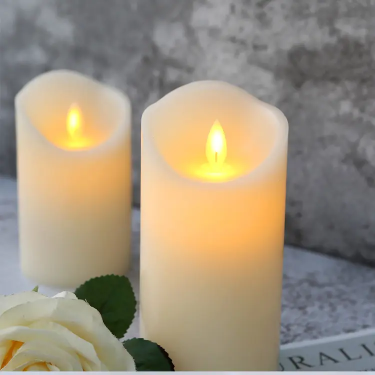 Real Wax Moving Wick Flickering LED Flameless Candle with Remote Control Electric Pillar Battery Candles