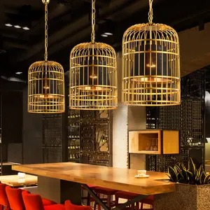 Simig lighting vintage antique style gold iron cage fabric shade luxury dining room crystal chandelier pendant light