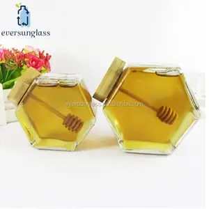 Fancy Ontwerp 250Ml 250G Zeshoekige Glas Honing Fles Pot Met Gouden Deksel, 250G Honing Hexagon Glazen Pot Met Verzegelde Metalen Deksel