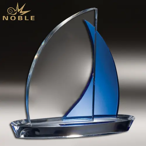 Azul personalizado acentuado regata de cristal de vidrio barco de vela trofeo premio
