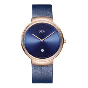 Vogue OEM Customised Ontwerp Horloge Lederen Quartz Waterbestendig Herenhorloge Eigen Logo Gepersonaliseerde Mannen Horloge Blauw