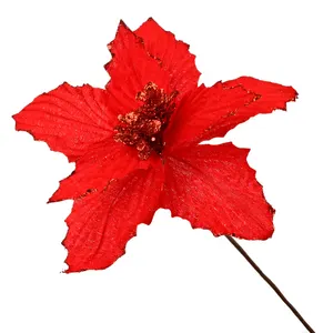 Groothandel hoge kwaliteit rood goud fluwelen poinsettia kunstmatige Kerst bloemen decoratie