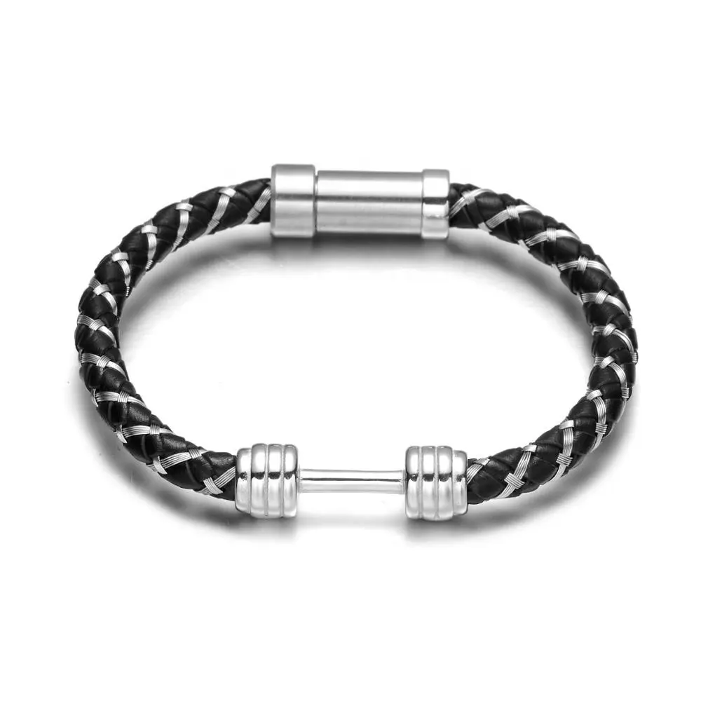 REAMOR New Men's Black Super Fiber Leather Sport Bracelets Unique Dumbbell Stainless steel Metal Braided Bracelet Jewelry