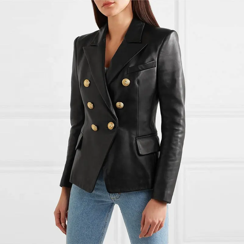 2020 New Casual Design Spring Double Breasted Lambskin Short Jacket Wholesale Women Elegant Black Real Leather Slim Fit Blazer