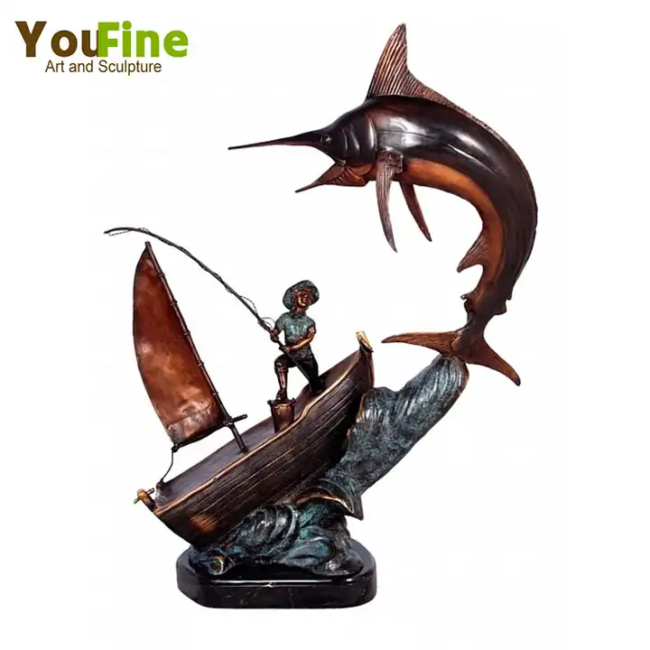Man Fishing Statue Boat Bronze Fish