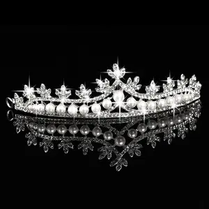 Wholesale Silver White Pearl Rhinestone Crown Tiara Suitable For Wedding