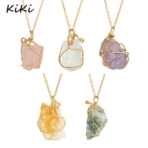 >>> Handgemachte Unregelmäßigen Natürlichen Stein Amethyst Anhänger Halsketten Gold Überzogene Rose Quarz Kristall Draht Gewickelt Halskette Für Frauen/