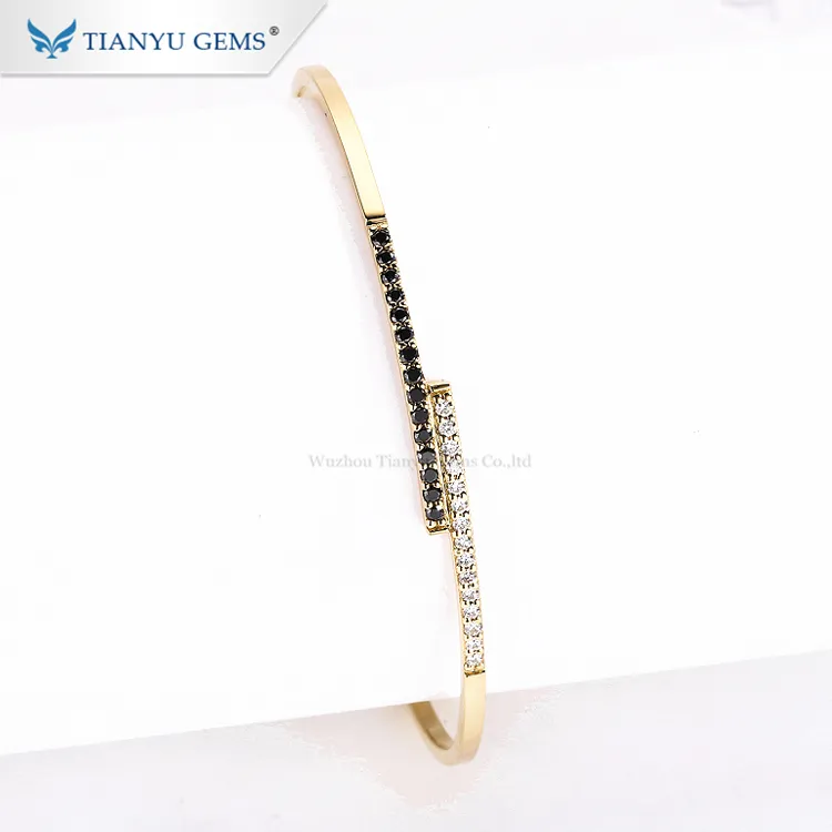 Tianyu gems custom jewelry black white moissanite diamond real pure yellow gold cuff bracelet bangle