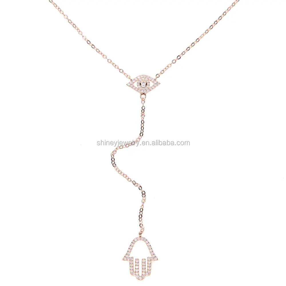 factory customize turkish evil eye hamsa hand jewelry lariat pave clear cz stunning necklace