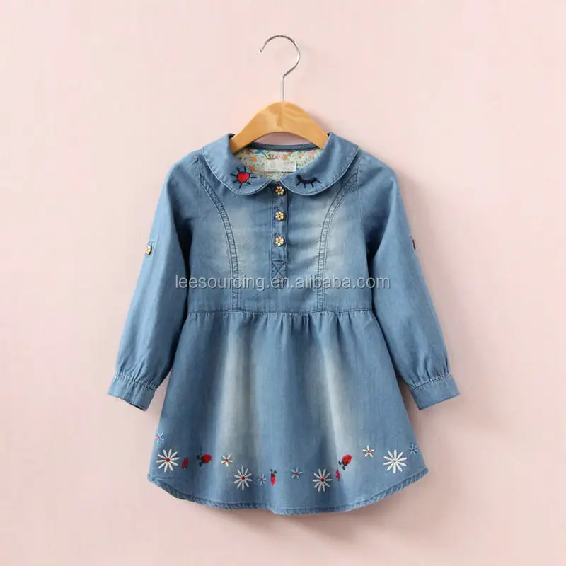 Leesourcing New design hot sell clothes for kids girls dress long sleeve embroidery denim children girl dress