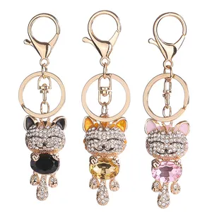 Custom Fashion rhinestone keyring Lucky Smile Cat Keychain Purse Bag Crystal Key chain wholesale