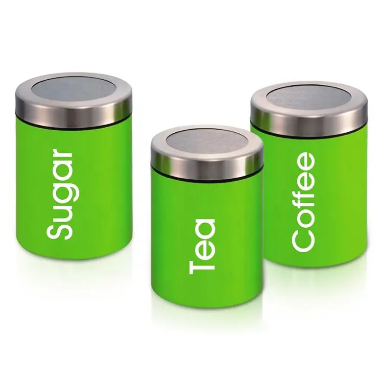 Fashionable light green powder coated Tea airtight canister with clear screw lid stainless steel Sugar Coffee jar