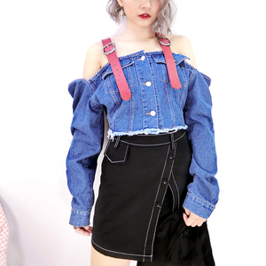 Latest Design Wholesale Fashion China Off-shoulder Womens <strong>Jackets</strong> Sexy <strong>Long</strong> Sleeves <strong>Denim</strong> Jean Ladies - Product Image 1