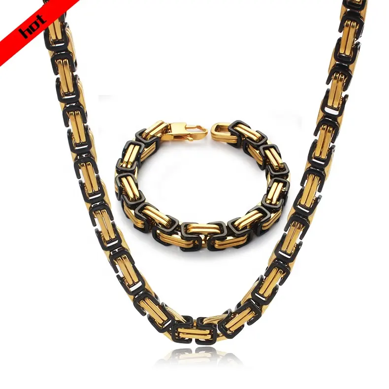 Plated Necklace Bracelet Chains Byzantine Jewelry Set and Black Wholesale Manufacturers Dubai Stainless Steel for Mens 18k Gold