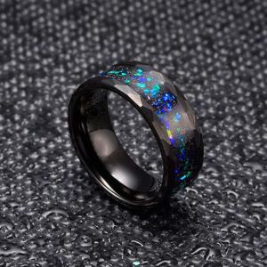 8mm Faceted Silver and Black Tungsten Carbide <strong>Opal</strong> Wedding <strong>Ring</strong> for <strong>Men</strong> - Product Image 3