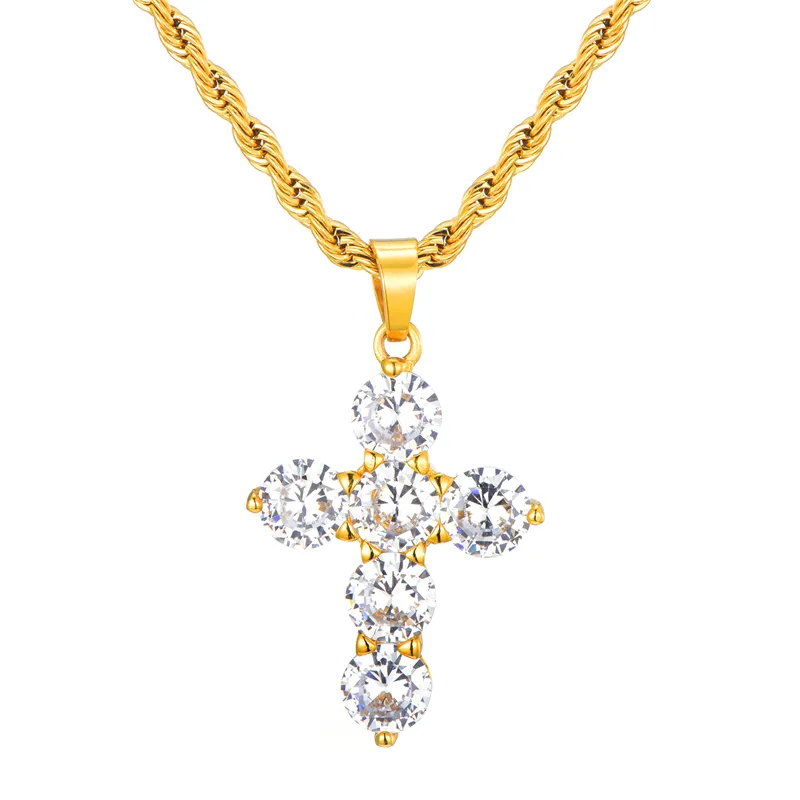 New design Gold Cross Necklaces Gold Microscope cz diamond Stainless Steel Cross Necklace Unisex design Men Jewelry