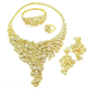 Fashion Woman Wedding Bridal Zircon 18k Gold Plated Flower Jewelry Set Four Piece Jewelry