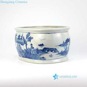 Maceta de Cerámica RYVM33 Azul y Blanca con Diseño de Orquídea de Arquitectura Antigua Asiática, Sin Asa - Product Image 4