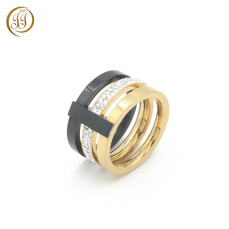 最新のトライリングは、女性のための高品質のキュービックジルコニア黒と金の結婚指輪をデザインします